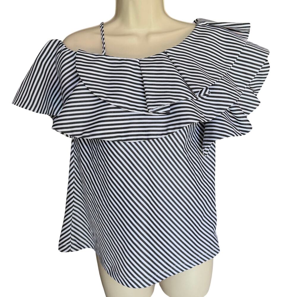 AQUA One-Shoulder Tiered Ruffle Blouse - Nautical Stripes Blue White Size M